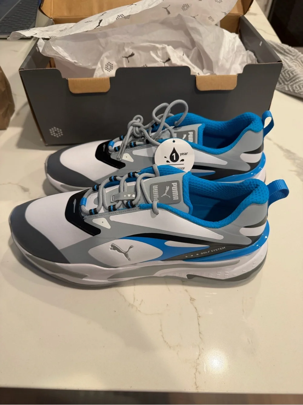 Puma Men’s White, Gray & Blue Athletic Golf Shoes
